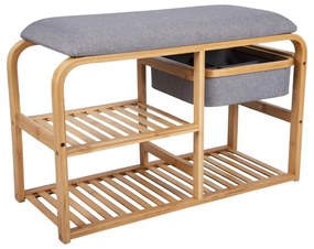 Bambusový polica na topánky so sivým polstrovaním Leitmotiv Bench, šírka 70 cm