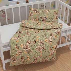 Biante Detské bavlnené posteľné obliečky do postieľky Sandra SA-472 Hnedé kvety magnólie na zelenom Do postieľky 90x130 a 40x60 cm