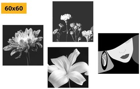 Set obrazov elegancia ženy a kvetov v čiernobielom prevedení - 4x 40x40