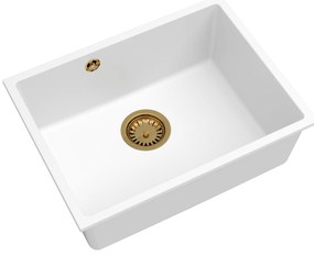 Sink Quality Crypton 60, kuchynský granitový drez 535x400x205 mm + zlatý sifón, biela, SKQ-CRY.W.1KBO.60.XG