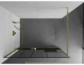Mexen Kioto+, sprchová zástena s poličkou a držiakom na uteráky 90 x 200 cm, 8mm číre sklo vzor čierny, zlatý profil, 800-090-121-50-78