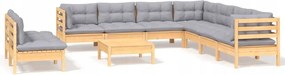 vidaXL 10-dielna sedacia súprava do záhrady, sivé vankúše, borovica