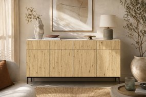 Biela komoda Nicole 200 cm so štyrmi dverami - biely / dub artisan / čierne nohy