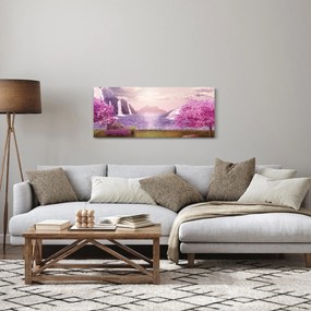 Obraz ružových stromov s jazerom (120x50 cm)