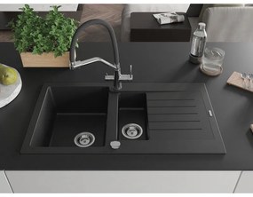 Mexen Matias, granitový drez 900x505x200 mm, 1,5-komorový a drezová batéria Duo, čierna, 6502-77-671701-07