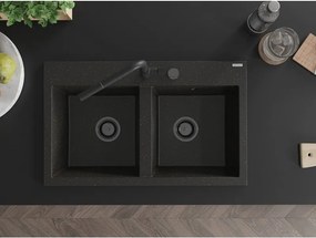 Mexen Hektor, 2-komorový granitový drez 800x480x205 mm, čierna-zlatá metalíza, grafitový sifón, 6521802000-75-B