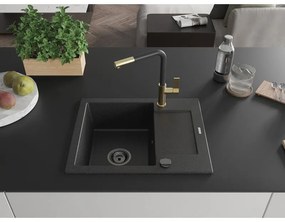 Mexen Enzo, 1-komorový granitový drez 576x465x174 mm a drezová batéria Flora, čierna-strieborná metalíza, 6506-73-670401-57-B
