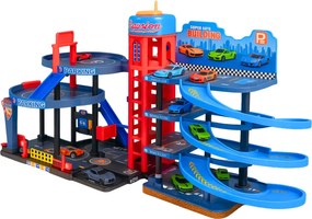 LEAN Toys Parkovisko s autíčkami, 4-poschodová dráha, 8 kovových vozidiel, nálepky