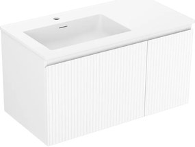 Mexen Rivel, kúpeľňová skrinka 90 cm s umývadlom Otis vľavo, 1S, 1D, drážkovaná, biela matná, 91A23-09047-3-BBFF01-W18L01