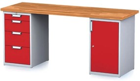 Alfa 3 Dielenský stôl MECHANIC I so zásuvkovým boxom a skrinkou na náradie miesto nôh, 4 zásuvky, 2000 x 685 x 880 mm, červené dvere