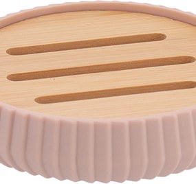 Sada kúpeľňových doplnkov Roza, ružová/s drevenými prvkami