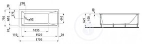 LAUFEN Pro Vaňa, 1700 mm x 750 mm, biela – s rámom, senzorové ovládanie, vzduchová masáž H2319510006051