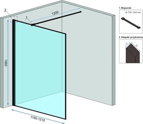 Bezrámová sprchová zastena REA BLER 120 cm + polica a vešiak EVO, čierna/transparent - bez vaničky