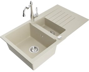 Mexen Matias, granitový drez 900x505x200 mm, 1,5-komorový a drezová batéria Carla, béžová, 6502-69-670700-00