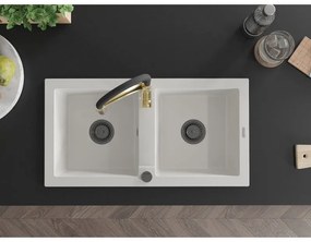 Mexen Mario, granitový drez 820x436x161 mm, 2-komorový a drezová batéria Aster, biela, 6504-20-73450-57-B
