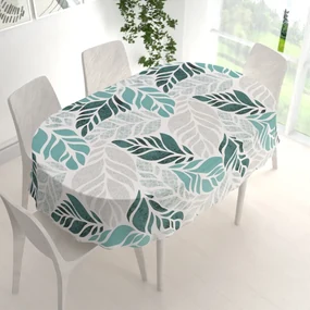 Biante Bavlnený oválny obrus Sandra SA-572 Sivo-modrozelené abstraktné listy na bielom 120x180 cm