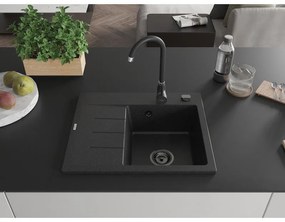 Mexen Ben, 1-komorový granitový drez 600x500x190 mm, pravý + čierny sifón, čierna-strieborná metalíza, 6523605000-73-B