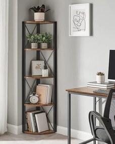 5-poschodová rohová polica 160x30x30 cm v hnedej a čiernej farbe