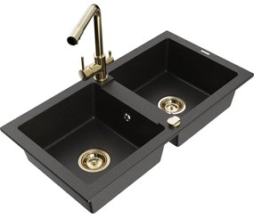 Mexen Mario, 2-komorový granitový drez 820x436x161 mm a chrómová drezová batéria Duero, čierna-zlatá metalíza, 6504-75-671600-50