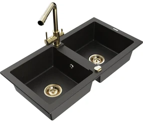 Mexen Mario, 2-komorový granitový drez 820x436x161 mm a chrómová drezová batéria Duero, čierna-zlatá metalíza, 6504-75-671600-50