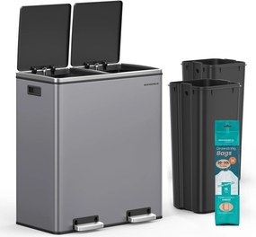 2-priehradkový pedálový recyklačný kôš s mäkkým zatváraním, šedý kov