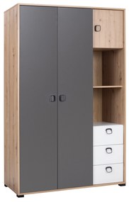Šatníková skriňa Kevyt 1 (dub artisan + biela + grafit). Akcia -19%. Vlastná spoľahlivá doprava až k Vám domov. 1087385