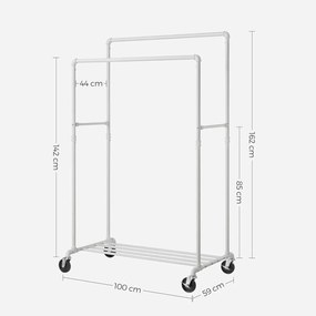 Stojan na šaty s kolieskami, dvojitými tyčami, kovový, biely