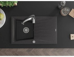 Mexen Cesar, 1-komorový granitový drez 775x470x190 mm a drezová batéria Aster, čierna škvrnitá, 6514-76-73450-07