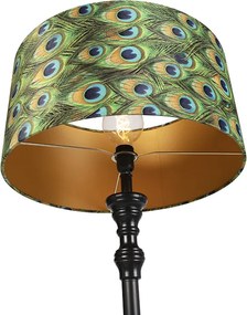 Stojaca lampa čierna s tienidlom z zamatu Peacock Gold 50 cm - Classico