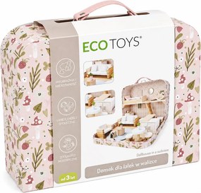 Domček pre bábiky v kufríku, poschodový, s dreveným nábytkom a súpravou 20 doplnkov ECOTOYS