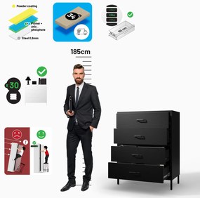 Čierna kovová komoda so zásuvkami na nožičkách CARLA Modern 800 x 1015 x 400 mm