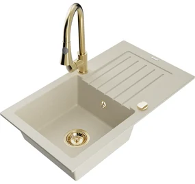 Mexen Pablo, 1-komorový granitový drez 752x436x161 mm a drezová batéria Elia, béžová, 6510-69-670101-50