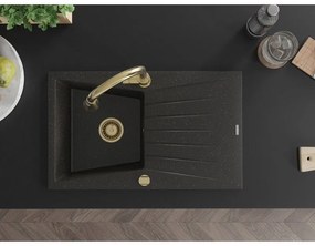 Mexen Cesar, 1-komorový granitový drez 775x470x190 mm a drezová batéria Elia, čierna-zlatá metalíza, 6514-75-670101-50