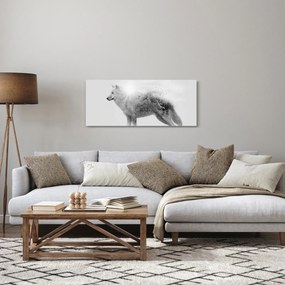Obraz - Arktický vlk zrkadliaci divokú krajinu, čiernobiely (120x50 cm)