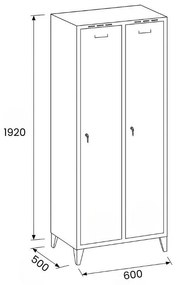 Plechová šatníková skrinka S8 na nohách, 2-dverová, 1920 x 600 x 500 mm, cylindrický zámok, modré dvere