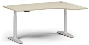 Výškovo nastaviteľný stôl OBOL, elektrický, 675-1325 mm, rohový pravý, doska 1600x1200 mm, biela zaoblená podnož, breza