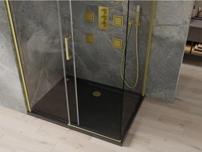 Mexen Omega, sprchový kút s posuvnými dverami 100 (dvere) x 80 (stena) cm, 8mm číre sklo, zlatý profil + slim sprchová vanička čierna + zlatý sifón, 825-100-080-50-00-4070G