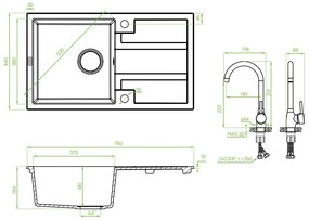 Laveo Barbados, 1-komorový granitový drez 760x440x194 mm + drezová batéria Granit 8, čierna škvrnitá, LAV-SBBA711T