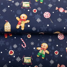 Vianočný PVC obrus Vianočné perníčky a cukrovinky na tmavo modrom PV-194 - metráž š. 140 cm