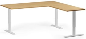 Výškovo nastaviteľný stôl, 180x180 cm, 3 motory, L/P, biela podnož, buk