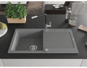 Mexen Leo, 1-komorový granitový drez 900x500x190 mm a drezová batéria Flora, šedá, 6501-71-670401-07