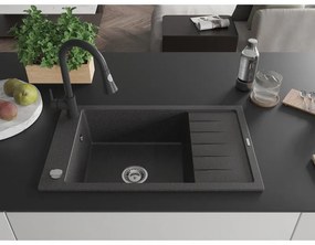 Mexen Elias, 1-komorový granitový drez 795x480x200 mm a drezová batéria Elia, čierna škvrnitá, 6511-76-670101-70