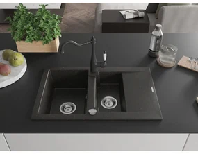 Mexen Gaspar, granitový drez 752x436x161 mm, 1,5-komorový a drezová batéria Carla, čierna-zlatá metalíza, 6507-75-670700-70