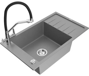 Mexen Elias, 1-komorový granitový drez 795x480x200 mm a drezová batéria Duo, šedá, 6511-71-671701-07