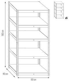 Pack 5x Stabil S, bezskrutkový kovový regál s HDF policou, 180x90x40 cm, 5 políc, 175kg na policu, zinok