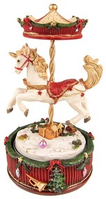Červeno-biely hrací vianočný kolotoč s koníkom - Ø 11*20 cm