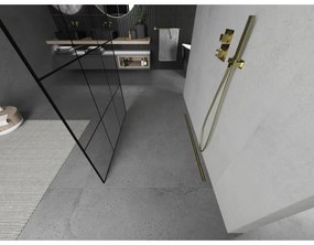 Mexen Kioto, priechodná sprchová zástena 100 x 200 cm, 8mm sklo číre/čierny vzor, 2x zlatá stabilizačná rozpera, 800-100-002-50-77