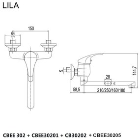 Mereo, Drezová nástenná batéria, Lila, s ramienkom plochým rovným 210 mm, chróm, MER-CBEE302A