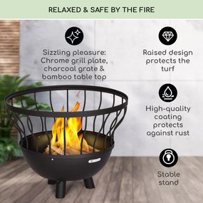 Blumfeldt Nantai, ohnisko s grilom a stolom 3 v 1, Ø 66 cm, grilovací rošt Ø 50 cm, oceľ, bambusová doska