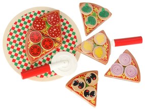 KIK Drevená hracia súprava Pizza s príslušenstvom na krájanie a zdobenie, 27 ks